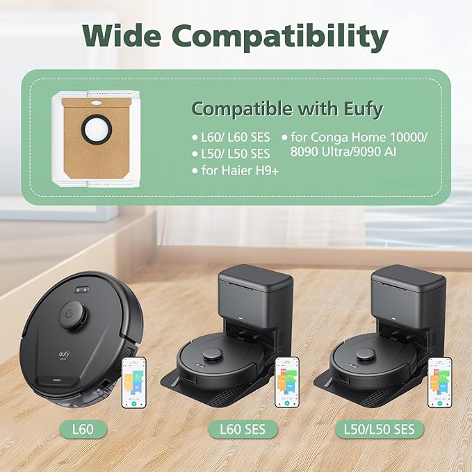 10 Pack Replacement Dust Bags for eufy L60 SES L50 SES Robot Vacuum, 2.5L Replacement Bags for Haier H9+, Conga Home 10000, 8090 Ultra, 9090 AI Vacuum Cleaner
