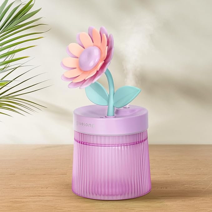 Cute Flower Mini Humidifier, 260ml Sunflower Desktop Humidifiers for Bedroom, Portable Small Cool Mist Humidification for Home, Baby Nursery, Office & Indoor Plants, USB Powered (Purple)