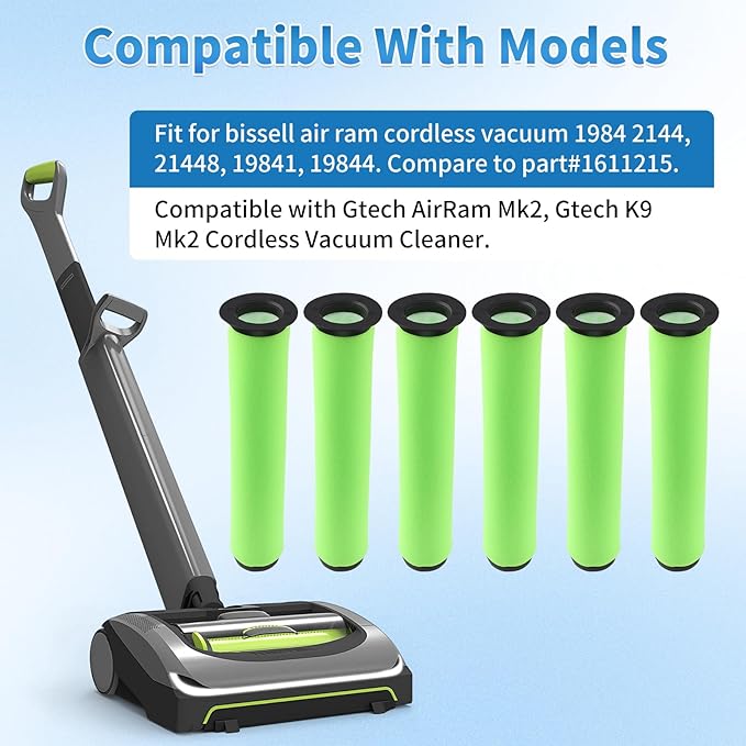 6 Pack Air Ram Filter Replacement for Bissell AirRam Stick Cordless Vacuum Models 1984 2144 21448 19841 19844, AirRam for Gtech Mk2 K9 Filters Vacuum Cleaner, Part # 1611215