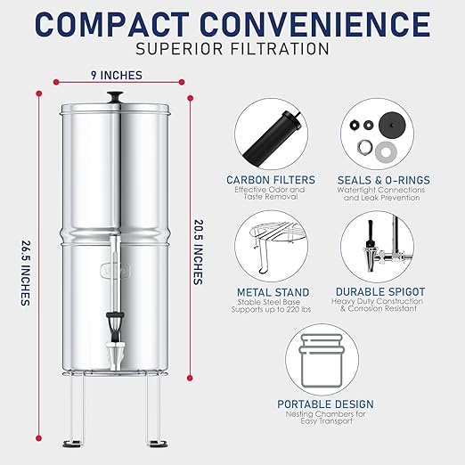 USWF Gravity Fed Water Filter System, 2.25 Gal Stainless Steel, w/ 2 Carbon Filters, Portable w/Metal Sight Glass Spigot & Stand, NSF/ANSI 372 Certified