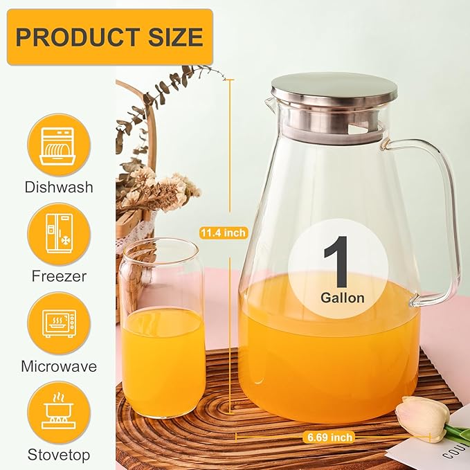 Glass Pitcher with Lid,1 Gallon Glass Water Pitcher Hot/Cold Water Jug, Juice and Iced Tea Beverage Carafe with Lid (Extra-Wide Mouth)