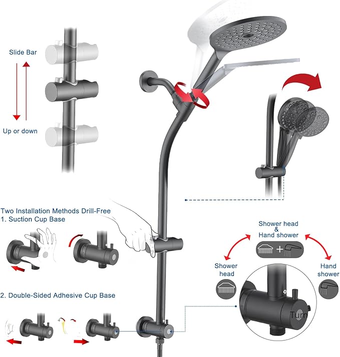 High Pressure Shower Head with Handheld Shower, 26" Adjustable Height Drill-Free Slide Bar, 3-Way Diverter for Easy Reach, Dual Shower Head Combo Set with 5ft Hose - Matte Black