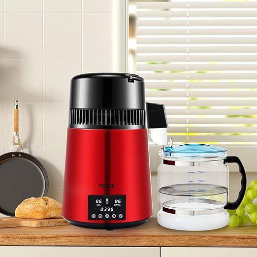 VEVOR 1.1Gal Water Distiller, 0.3Gal/H, Distilled Water Maker Machine 750W 0-99H Timing Dual Temp Display, 304 Stainless Steel Countertop Distiller Glass Carafe Cleaning Powder 3 Carbon Packs, Red