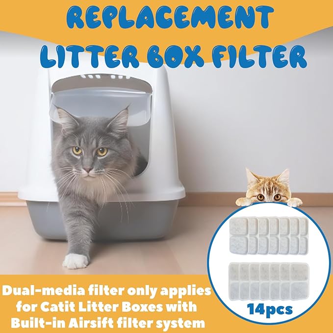 14-Pack Airsift Litter Box Filters for Catit Airsift Jumbo/Regular/Smartsift Litter Boxes,Dual Action Purifier Pads to Absorb and Freshen Litter Box Odors