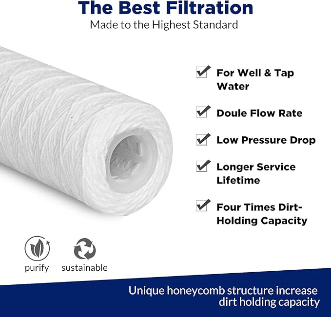 42 Pack of 5 Micron 10"x2.5" String Wound Whole House Water Filter Replacement Cartridge by Membrane Solutions, Universal Sediment Filters for Well Water, Compatible with WFPFC4002, CW-F, CW-MF, WP-5
