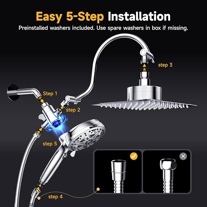 Dual Filtered Shower Head with Magnetic Handheld - 8'' Square Rain Shower Head High Pressure with Handheld Combo, 8+2-Spray Magnetic Detachable Showerhead with Power Jets, Chrome