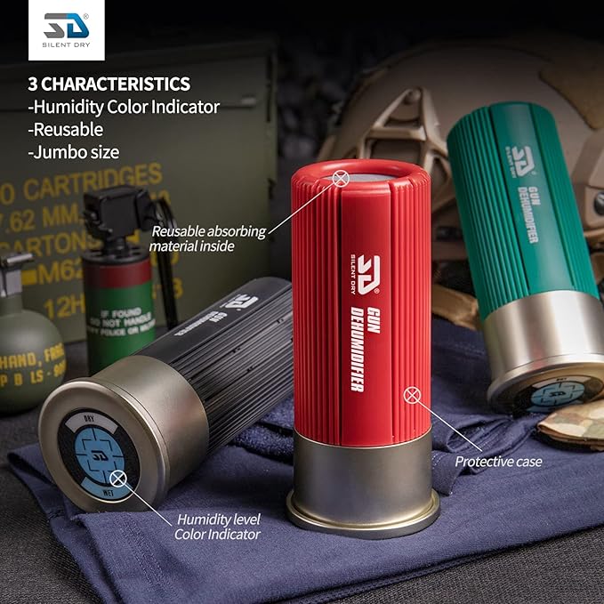 SILENT DRY Cordless Gun Safe Dehumidifier – Reusable Mini Dryer for up to 40L – Fast Rechargeable & Moisture Removal for Guns, Closet, Cabinet, Camera, up to 40L Safe, Shotgun Jr. – RED (1 Pack)