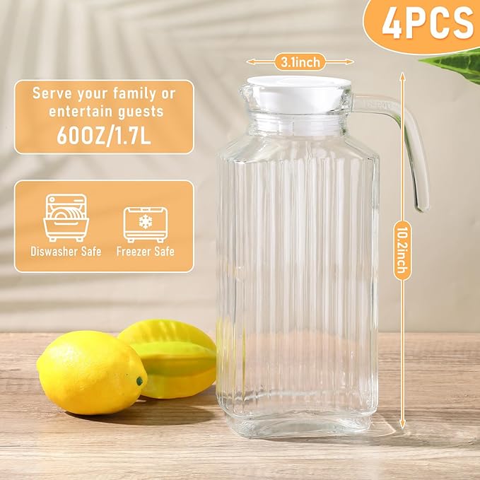 Gejoy 4 Pieces 60 oz Glass Pitcher with Lid Fridge Juice Glass Water Pitcher Beverage Drink Containers Jug for Fridge Iced Tea Lemonade Milk Cocktails Cold