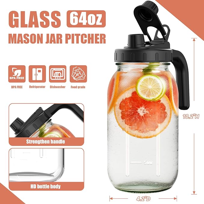 2 Pack 64oz Glass Mason Jar Pitchers with Wide Mouth & Measurement Marks – Leak-Proof Twist Lids for Cold Drinks, Iced Tea, Lemonade, and Juice
