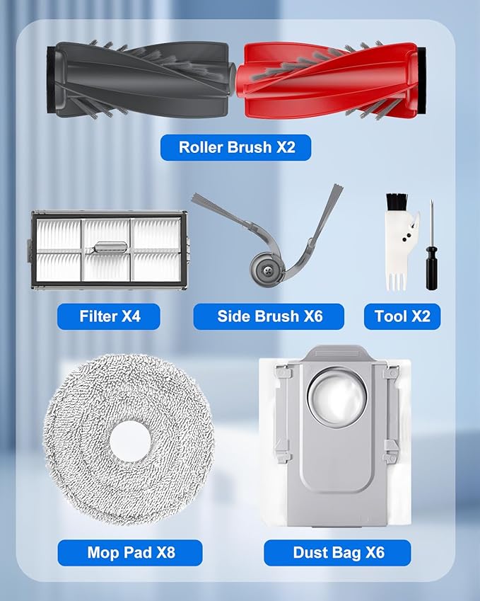 Replacement Parts Kit for Roborock SAROS 10R/ Qrevo CurvX Robot Vacuum - 29pc Maintenance Bundle: 2 Roller Brushes, 6 Side Brushes, 4 Filters, 8 Mop Pads, 6 Dust Bags| OEM Compatible & Precision Fit