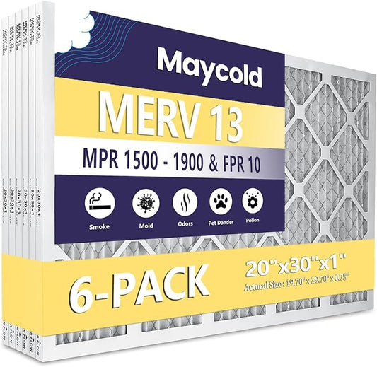 Maycold MERV 13 20x30x1 Air Filter (6-Pack), High-Efficiency Pleated AC & Furnace Filters, Actual Size: 19.70" x 29.70" x 0.75", Individually Wrapped in Plastic