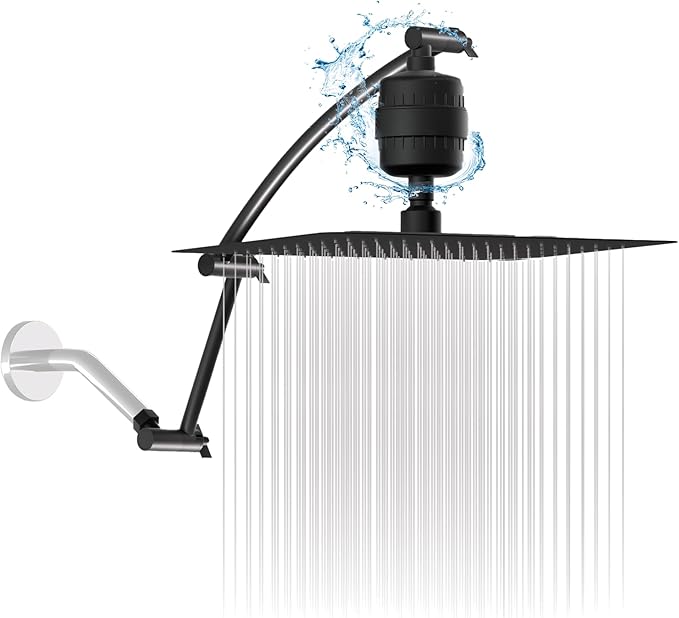 Rain Shower Head with 20-Stage Shower Filter, High Pressure Filtered Showerhead with Adjustable Extension Arm for Removing Chlorine and Harmful Substances(10 Inch, Matte Black)