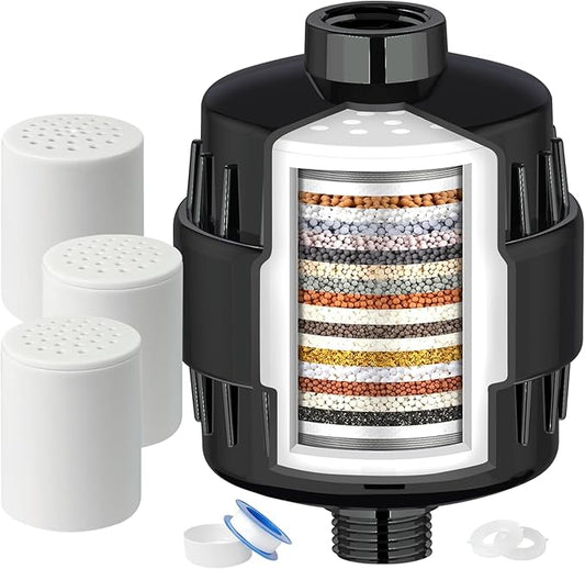 20 Stage Shower Head Filter for Hard Water with 3 Cartridges, High Output Shower Water Filter to Remove Chlorine, Fluoride and Other Impurities, Improves Skin Condition, Protects Hair