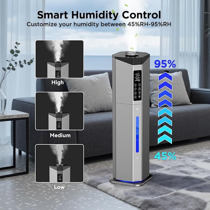 Humidifiers for Bedroom - GloryAir 2.38Gal/9L Dual Atomizers Top Fill Humidifier for Large Room 2000ft² with Auto Rotation 7-Color Light Humidistat Quiet Commercial Humidifiers for House Plants Baby
