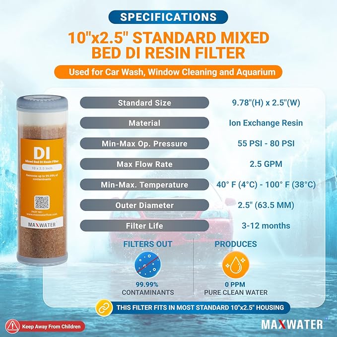 Refillable Mixed Bed DI Resin Filter Cartridge Fits most wide style 3" openings standard 10" size WH Filter Housings and Systems