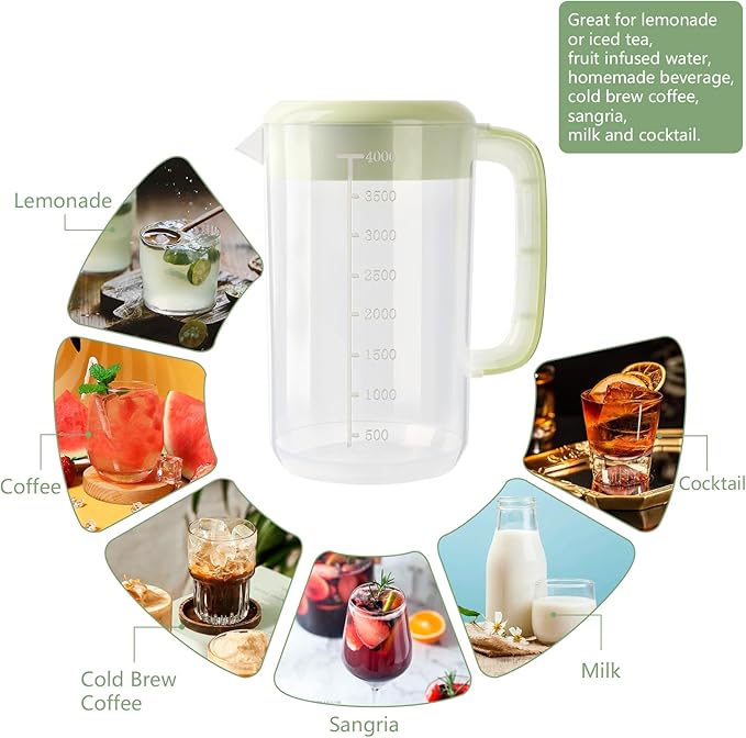1 Gallon 4 Litre Clear Plastic Pitcher with Lid, 2 Pack Clear Water Pitcher for Cold Drinks, Iced Tea Pitcher for Lemonade, Iced Tea, Milk, Juice, Beverages.