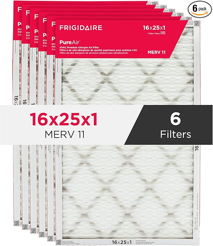 Frigidaire PureAir® 16x25x1 MERV 11 Prem Allergen Electrostatic Pleated Air Conditioner HVAC AC Furnace Filters - 6 Pack (exact dimensions 15.81 X 24.81 X 0.81)