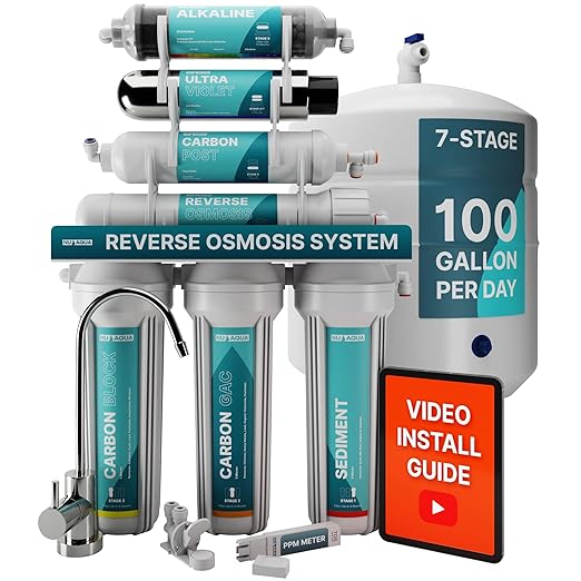 NU Aqua 7-Stage (12 Step Filtration) UV & Alkaline Under Sink Reverse Osmosis Water Filter System - 100 GPD RO Filtration & Remineralization - 100GPD Undersink - Home Kitchen Drinking Purifier