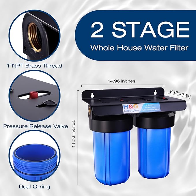 H&G Lifestyles Whole House Water Filter System,Iron Filter for Well Water,2 Stage Water Filtration System, Reduce Fluoride Chlorine Odor Heavy Metal Lead, 4.5x10 Cartridge,1" Barb Cooper Fittings