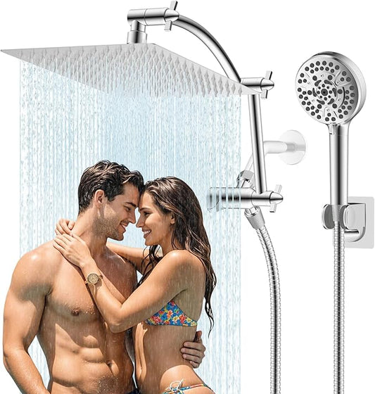 Hibbent All Metal Shower Head, 12'' High Pressure Rain Shower Head/Handheld Showerhead Combo with 16'' Adjustable Arc-shaped Extension Arm, 10 Sprays, 71'' Hose, Adhesive Showerhead Holder, Chrome