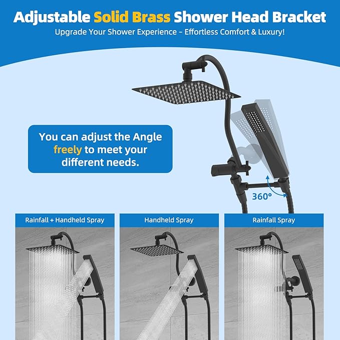 Hibbent All Metal Shower Head, 8'' High Pressure Rainfall Shower Head, Showerhead Combo, Handheld Shower Wand, 12'' Adjustable Curved Shower Extension Arm, 71'' Hose, Shower Head Holder, Matte Black
