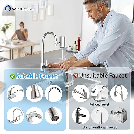WINGSOL Stainless Steel Water Filter for Sink Faucet, Temp. Sensor LED Light, NSF/ANSI 42&53, 360° Rotating Tap Purifier Reduce PFAS, Lead, Chlorine & Microplastics, 350 Gallons Long-Lasting