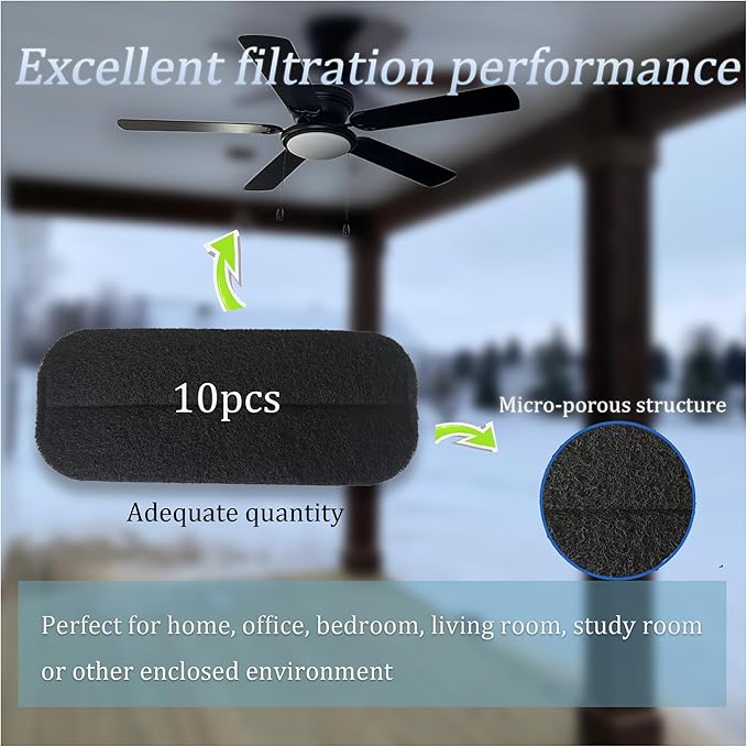 10PCS Activated Charcoal Ceiling Fan Filters, Universal Activated Coconut Shell Carbon Air Filter, Easy-Stick Ceiling Fan Filters for Clean Air | Eliminate Odors, Dust, and Pollutants
