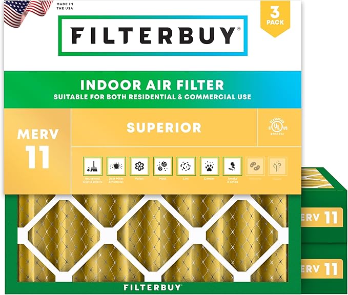 Filterbuy 20x20x4 Air Filter MERV 11 (MPR 1200) Allergen Defense Replacement (3-Pack), Electrostatic Pleated HVAC AC Furnace Filters, Made in USA (Actual Size: 19.50 x 19.50 x 3.63)
