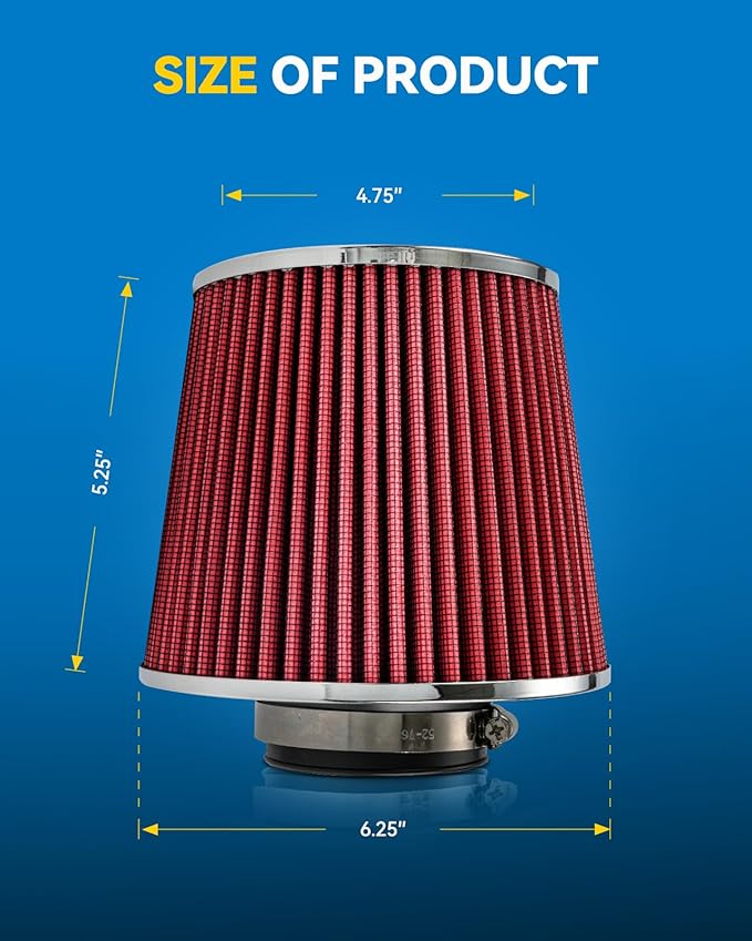 PHILTOP Universal Clamp-On Air Intake Filter, Premium, Washable, Replacement Air Filter: High Flow Air Filter 2.5" 63.5 mm Inlet, Shape: Round Tapered