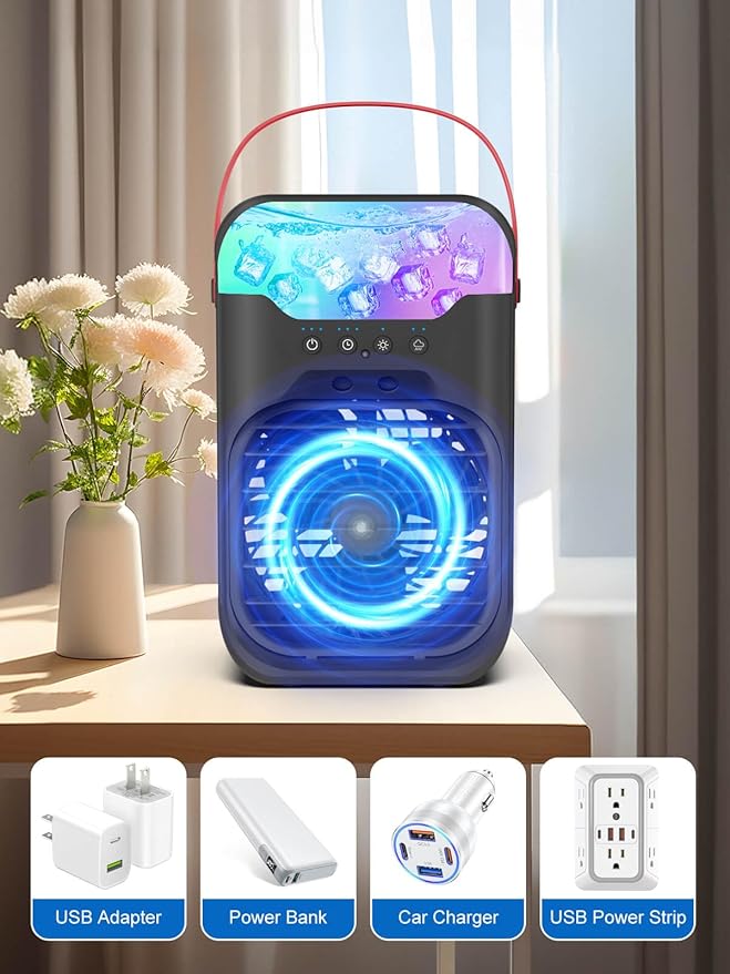 Portable Air Conditioner, 1500ML, Removable & Washable Fan Blades, Timer Function, 4 Speeds, 2 Cool Mists, 7-Color Light, Personal Evaporative Air Cooler for Home, Office, Bedroom, and Camping-Black