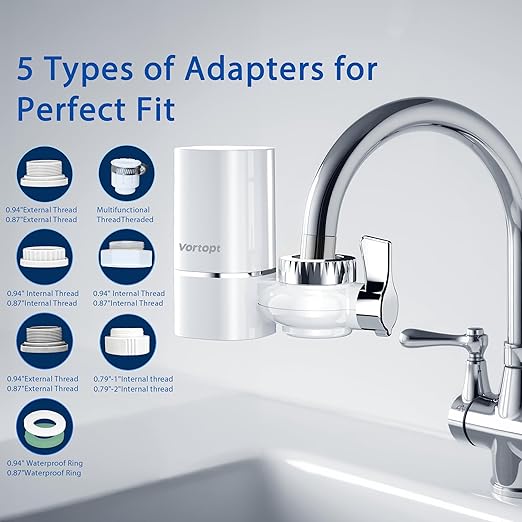 Advanced Sink Faucet Filter, NSF Certified Faucet Installation System, 400 Gallon Capacity, Can Reduce 99% Chlorine and Odors, with 1 Water Filter（T1-White）