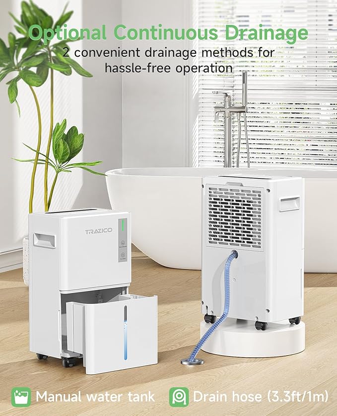 1500 Sq.ft Dehumidifier for Basement, Trazico 21 Pint Dehumidifiers for Home Large Room with Drain Hose, Smart Humidity Control, 3 Modes, 24H Timer, Auto Defrost, Ideal for Bedrooms, Bathroom, White