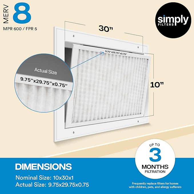 Simply 10x30x1 Air Filter, Merv 8, MPR 600, 6 Pack, For Home AC Furnace & HVAC (Actual Size: 9.75"x29.75"x0.75") DUST, Pet, & Allergy Control