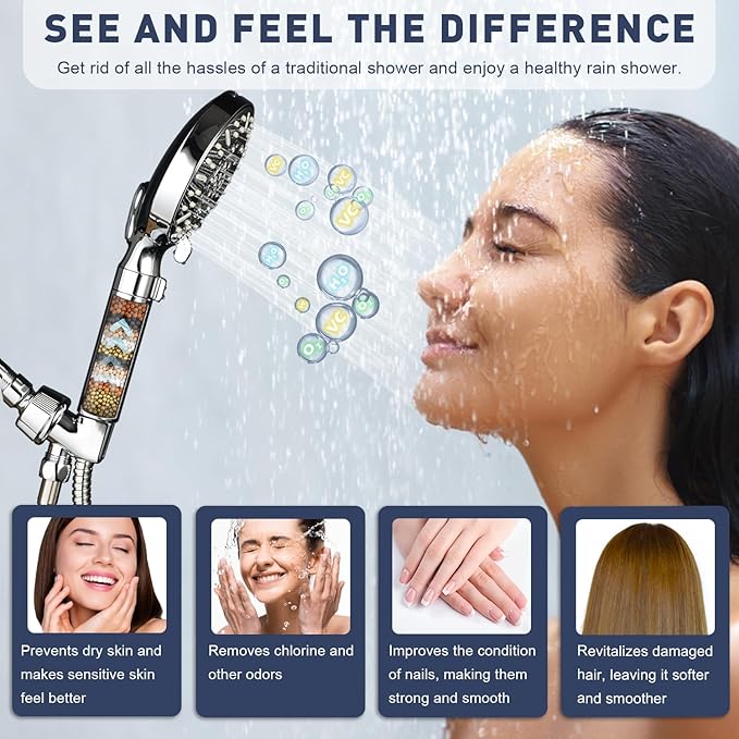 Filtered Shower Head with Handheld,High Pressure 9-Spray Showerhead - Water Softener with Filter Beads for Hard Water,Removes Chlorine, Reduces Dry & Itchy Skin,Anti-Clog Nozzles,Flow Regulation