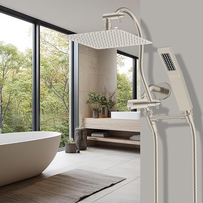 Hibbent All Metal Shower Head, 10'' High Pressure Rainfall Shower Head, Showerhead Combo, Handheld Shower Wand, 12'' Adjustable Curved Extension Arm, 71'' Hose, Shower Head Holder, Brushed Nickel