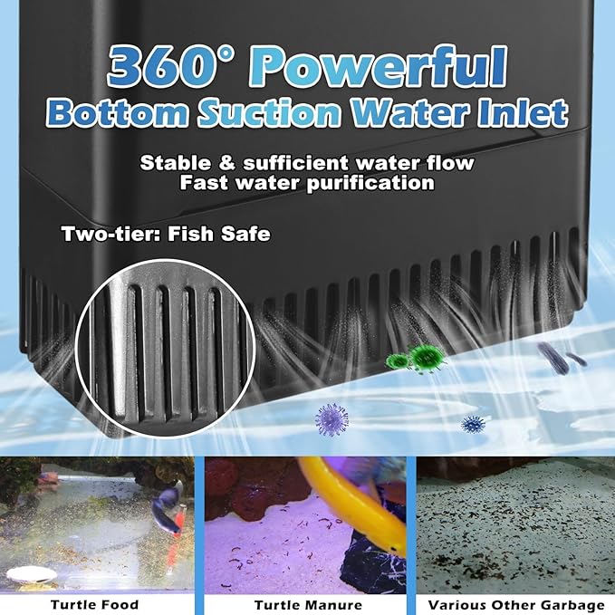 Turtle Tank Filter w/U-V Light for Large 40-150 Gal Tank 4-Stage Flow Adjustable Low Water Level Internal Deodorization Green Clean Machine Killing Cloudy Saltwater Freshwater Aquarium Crystal Clear