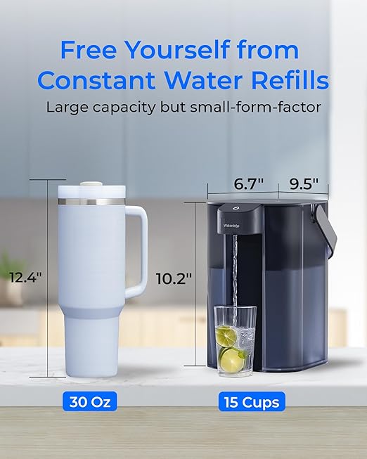 Waterdrop Alkaline Electric Water Filter Pitcher, Rechargeable Water Dispenser, Instant 200-Gallon 15-Cup Countertop System, NSF/ANSI 42, Reduce PFOA/PFOS, Chlorine, Lead, Blue, with 1 Filter