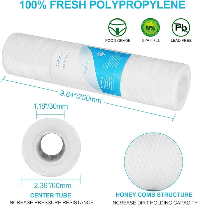 10 Micron 10" x 2.5" String Wound Sediment Water Filter Cartridge,5 Pack,Whole House Sediment Filtration, Universal Replacement for Most 10 inch RO Unit