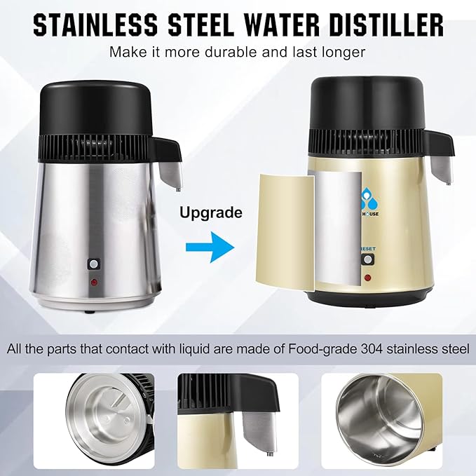 DC HOUSE Upgrade Water Distiller, 304 Stainless Steel 1 Gallon Distilled Water Maker Machine for Home Countertop Table Desktop, 750W 4L Making Machine with On Off Switch, Glass Container