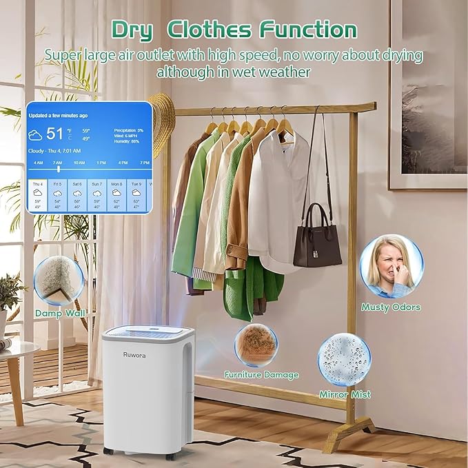 Dehumidifier for Home, Dehumidifier 4500 Sq.Ft 50 Pint, Dehumidifiers with Drain Hose, 0.66 Gallon Water Tank, RUWORA Dehumidifiers for Basement Bedroom Bathroom RV, 24H Timer, Overflow Protection