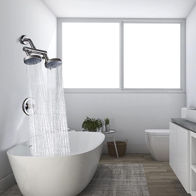 AZOS Double Shower Head with Shut-Off Valve, Bathathroom High Pressure Dual Fixed Rain Shower Head Combo with Brass Dual Outlet Manifold, Adjustable 5 Function Showerhead Brushed Nickel