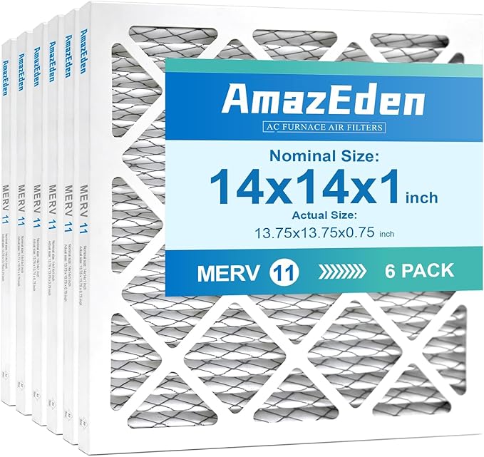 14x14x1 Air Filter MERV 11 (6-Pack) MPR 1000 FPR 7 AC HVAC Furnace Filters Pleated Dust Defense Replacement for Home (Actual Size: 13.75x13.75x0.75 Inches)