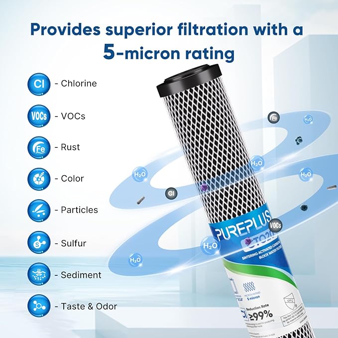 PUREPLUS 5 Micron 20" x 2.5" Whole House CTO Carbon Sediment Water Filter Cartridge Compatible with C1-20, EP-20, HX-CB-25-2010, F3WCB32, Pack of 2