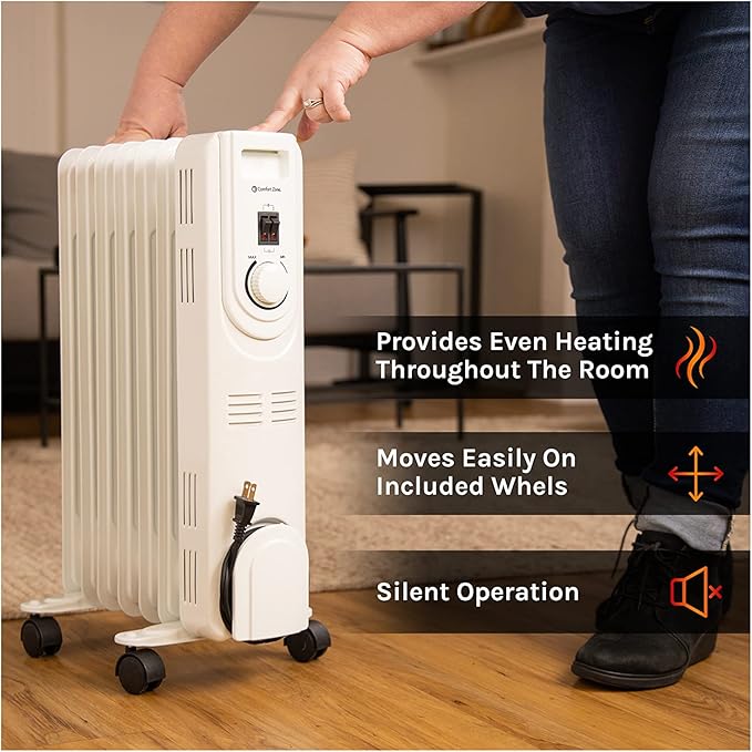 Comfort Zone Electric Oil-Filled Radiant Radiator Space Heater, Never Refill, Adjustable Thermostat, Tip-Over Switch & Overheat Protection System, Ideal for Home, Bedroom, & Office, 1,200W, CZ7007J