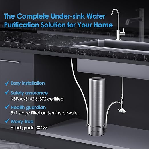 Waterdrop BS13 Under Sink Water Filter, 6 Stage Stainless Steel, Reduce PFAS, PFOA/PFOS, Lead, Chlorine, Bad Taste & Odor, No Drilling Required, NSF/ANSI 42 Certified, Included A New Faucet