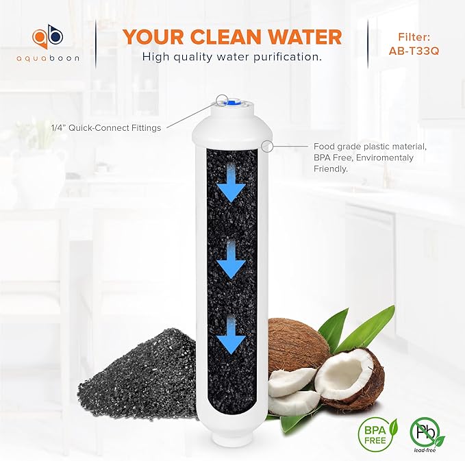 Aquaboon T33 Inline Post Activated Carbon Water Filter for Refrigerator, Ice Maker w/Quick Connect for 1/4 Water Line Compatible with ICF-10, 12-Pack