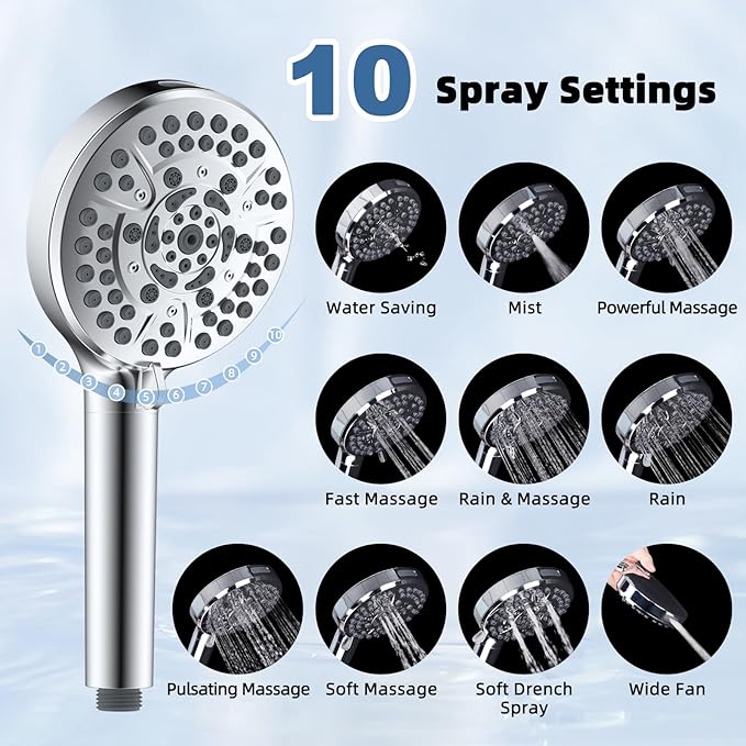 iFealClear Metal Rain Shower Head, 10” High Pressure Rainfall Shower Head with Handheld Spray Combo, 10-Spray Handheld Built-in Power Wash, 16" Shower Extension Arm, 71" Hose, 3-Way Diverter, Chrome