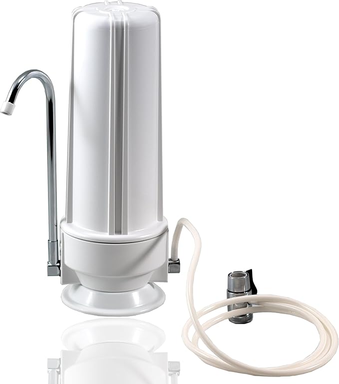 NU Aqua Countertop Water Filter System 1 Stage w/Chrome Faucet + Extra Replacement Carbon Filter - Over The Counter Top Drinking Water Purifier Filtration & Dispenser for Kitchen Sink - 120-Day Trial