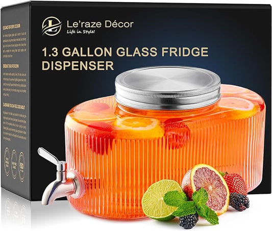Glass Drink Dispenser for Fridge - 100% Leakproof Stainless Steel Spigot - Liquid Laundry Detergent Dispenser, Punch Bowl Beverage Dispenser for Parties, Water Dispenser Countertop, 5L Jug 1.32 Gallon