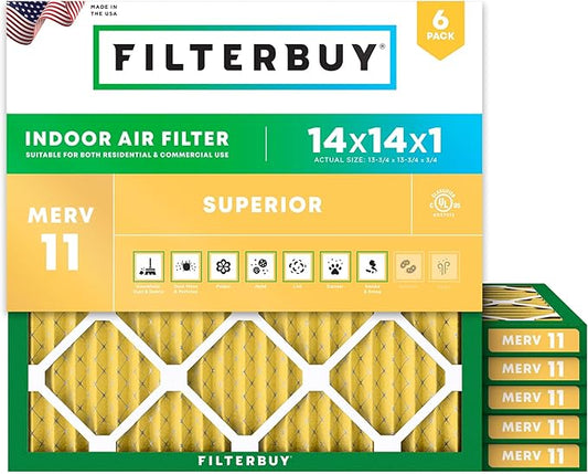 Filterbuy 14x14x1 Air Filter MERV 11 (MPR 1200) Allergen Defense Replacement (6-Pack), Electrostatic Pleated HVAC AC Furnace Filters, Made in USA (Actual Size: 13.75 x 13.75 x 0.75)